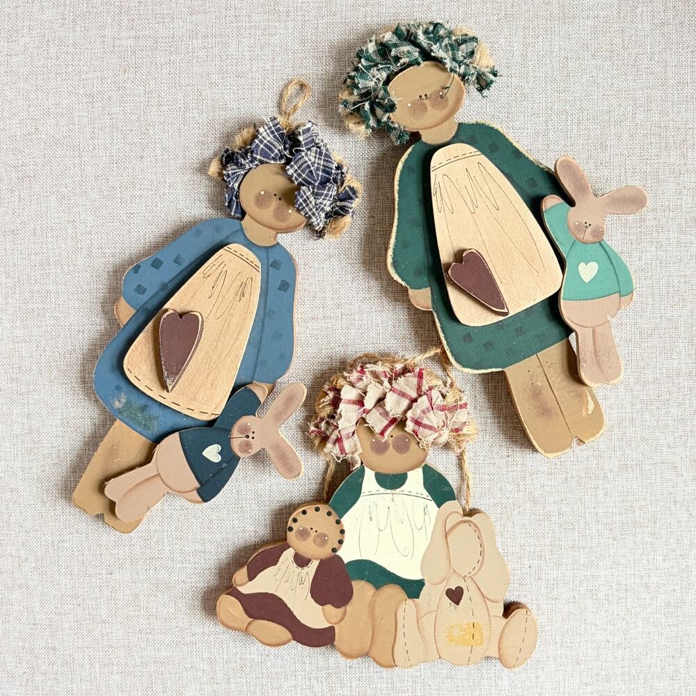 Folk Art Rag Doll Ornaments Wood Hand Painted Bunny Doll Lot Primitive Decor